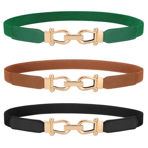 3 Pack Women Skinny Elastic Waist Belt Gold Buckle Stretchy Thin Belt For🌻